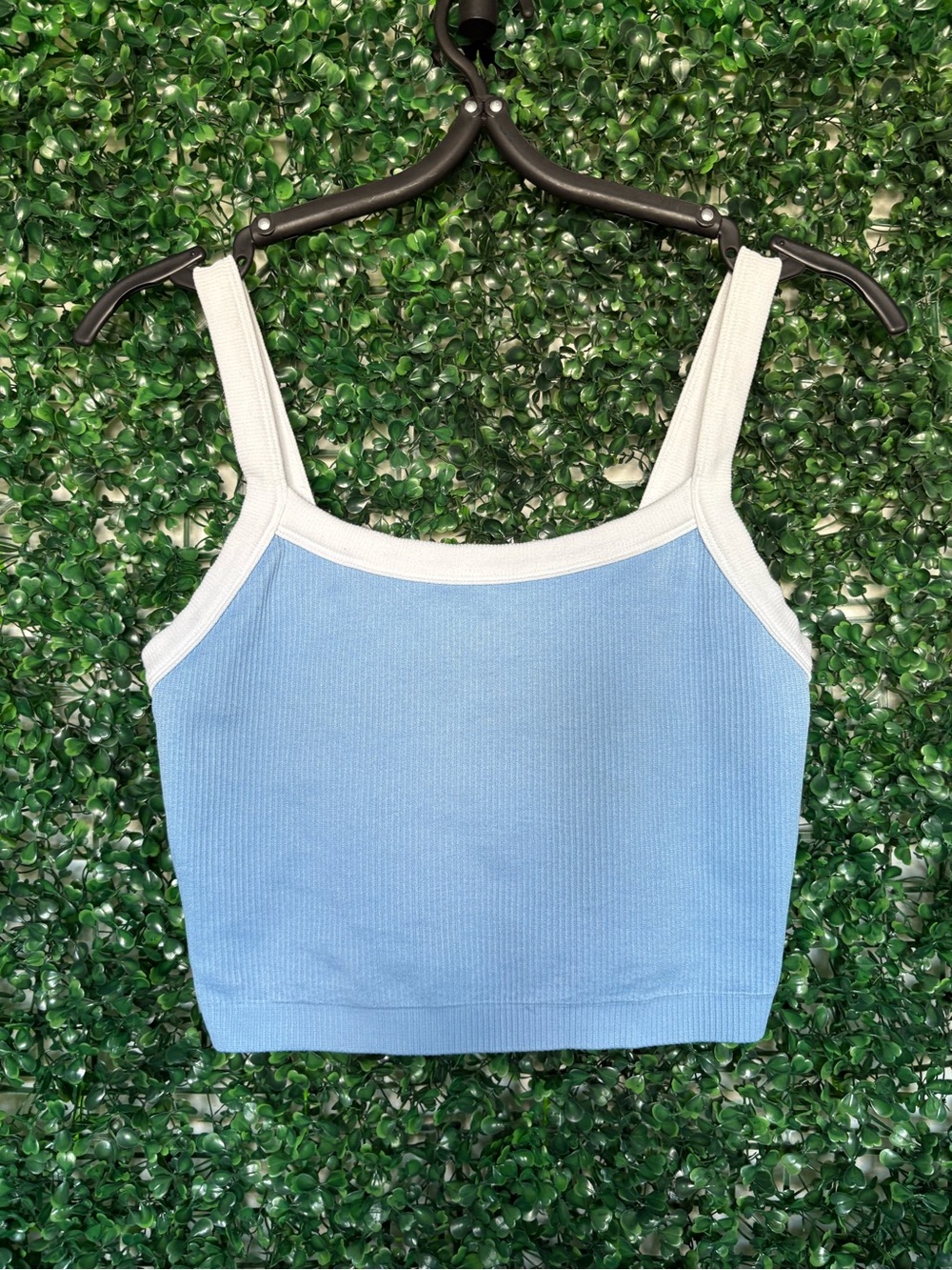 90 Degree By Reflex Light Blue Ribbed Crop Camisole with White Trim